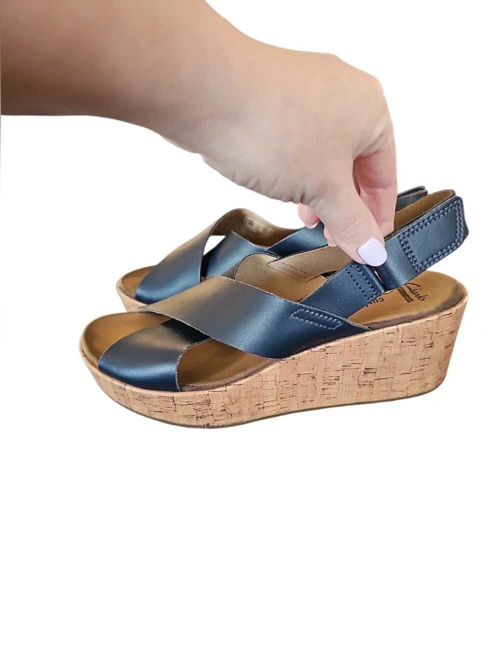 CLARKS Women's Maritsa Lara Platform Navy Cork Wedge Sandals Sz 9